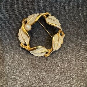 Rare 1950’s signed KramerGold Leaf Textured Wreath Brooch with Pearl Accent